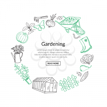 Vector gardening doodle icons in circle form with place for text in center illustration