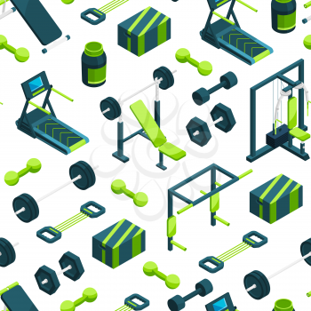 Vector isometric gym objects background or pattern illustration. Equipment training, dumbbell and barbell