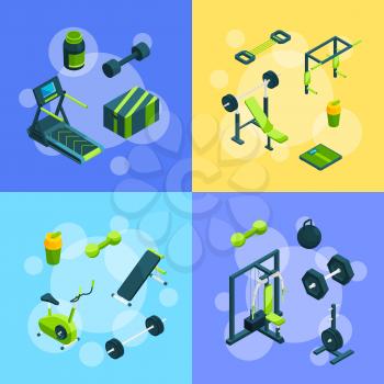 Vector cards of set isometric gym objects equipment concept illustration
