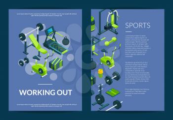 Vector isometric gym objects card, flyer or brochure template illustration