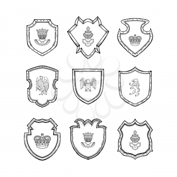Vector hand drawn line heraldics of set illustration isolated on white
