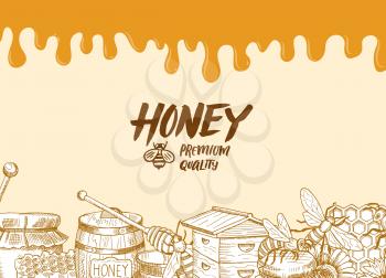 Vector background with sketched contoured honey theme elements, dripping honey and place for text illustration