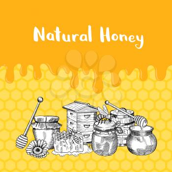 Vector illustration with sketched contoured honey theme elements, dripping honey and place for text on honeycombs background