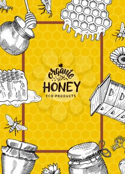 Vector vertical illustration or flyer template with hand drawn honey elements for honey farm or shop with logo and frame on honeycombs background