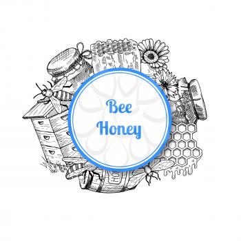 Vector pile of hand drawn honey elements gathered under circle with place for text and shadow illustration