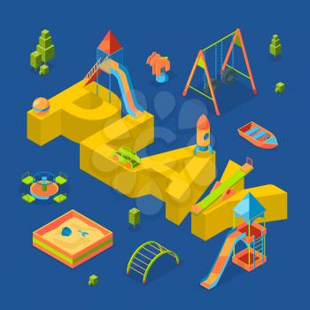 Vector isometric playground objects around word play concept illustration. Swing and sandbox, equipment for kids recreation