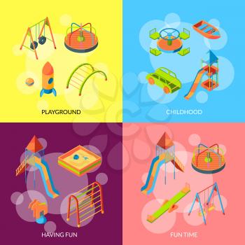 Vector set of banner or poster with isometric playground objects concept illustration
