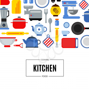 Vector flat style colored kitchen utensils background illustration with place for text