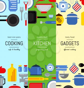 Vector flat style kitchen utensils vertical web banners illustration. Colored banner or poster of set