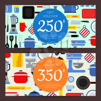 Vector flat style kitchen utensils discount or gift card voucher templates illustration