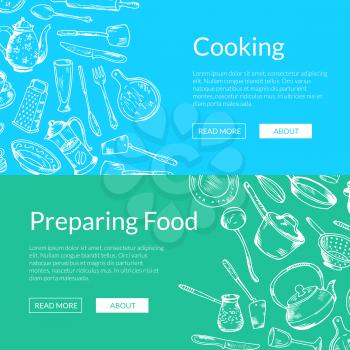 Vector horizontal web banners illustration with hand drawn kitchen utensils