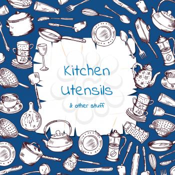 Vector background with kitchen utensils gathered around cartoon paper with place for text. Kitchen and cooking cartoon fork and pan illustration