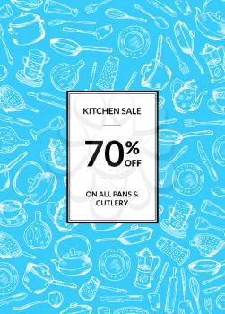 Vector vertical sale background with hand drawn kitchen utensils and place for text illustration