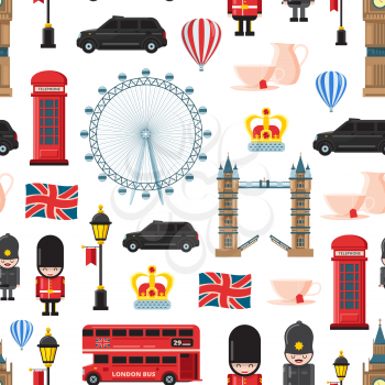 Vector cartoon London sights and objects background or pattern illustration. Big ben, british bus travel