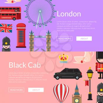 Vector cartoon London sights and objects horizontal web banners illustration