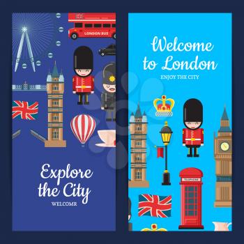Vector cartoon London sights and objects vertical web banners illustration