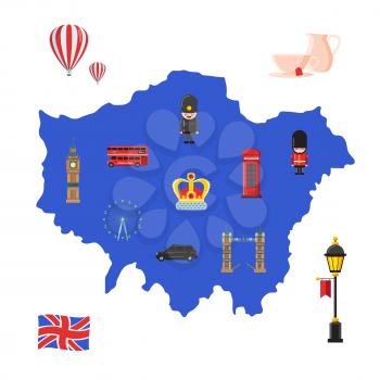 Vector cartoon London sights and objects on London silhouette map concept illustration