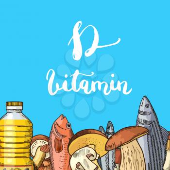 Vector hand drawn mushrooms, fish and oil. Vitamins background with place for text illustration