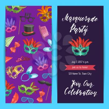 Vector party invitation template banner, poster with masks and party accessories illustration