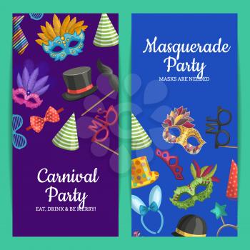 Vector vertical card or flyer illustration with masks and party accessories