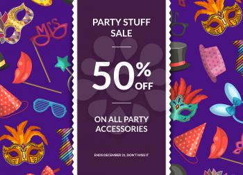 Vector sale background with masks and party accessories, vertical ribbon and place for text illustration