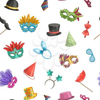 Vector pattern or background illustration with colored masks and cartoon party accessories