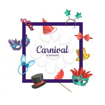 Vector frame with masks and party accessories around it with place for text in center illustration