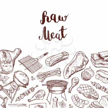 Vector hand drawn meat elements background illustration with lettering. Sketch barbecue and grilled drawing meat