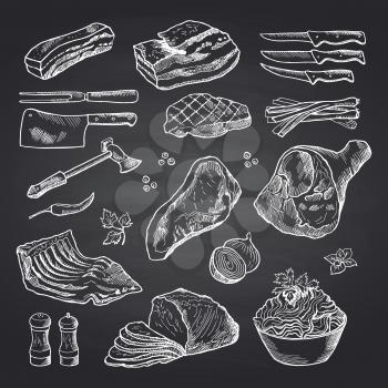 Vector hand drawn monochrome meat elements on black chalkboard. Meat and food, beef sketch and pork illustration