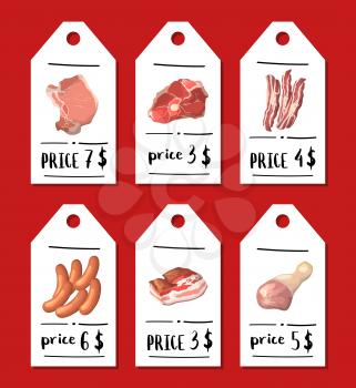 Vector cartoon meat elements sale tags price set with place for text illustration