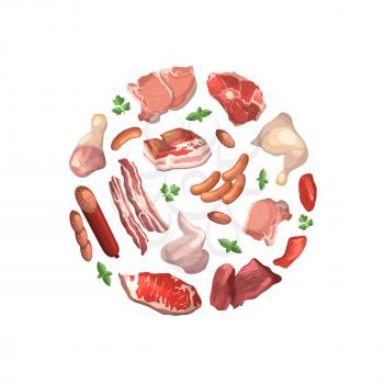 Vector cartoon meat elements gathered in circle illustration isolated on white