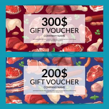 Vector cartoon meat elements discount or gift card voucher templates illusttration of set
