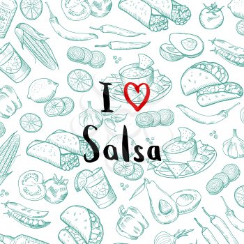 Vector banner poster with sketched mexican food elements background with lettering illustration