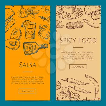 Vector web banner or flyer template with sketched mexican food elements illustration