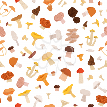 Vector pattern or background illustration with cartoon mushrooms. Forest food color backdrop