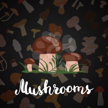 Vector background with cartoon mushrooms and lettering text isolated illustration