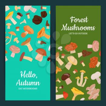 Vector vertical card or flyer illustration with cartoon colored mushrooms