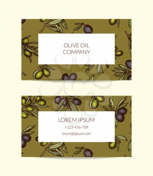Vector business card template for oil company with hand drawn olive branches illustration
