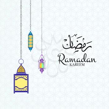Vector Ramadan illustration with lanterns and place for text on arabic pattern background. Religion muslim celebration, pattern with lantern