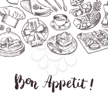 Vector hand drawn restaurant or room service elements background with place for text illustration