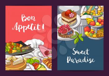 Vector card or flyer templates with hand drawn restaurant or room service elements and place for text illustration