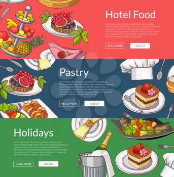 Vector web banner templates with hand drawn restaurant or room service elements illustration