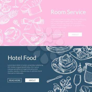 Vector web banner poster templates with hand drawn restaurant or room service elements illustration