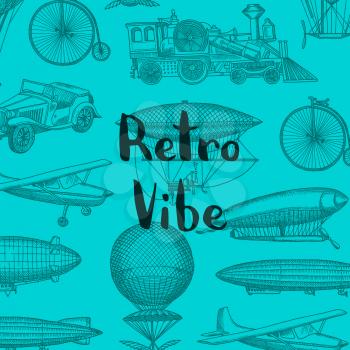 Vector background with steampunk hand drawn airships, air baloons, bicycles and cars with place for text illustration