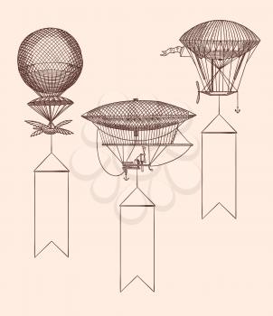 Vector set of steampunk hand drawn vintage air balloons with hanging wide ribbons for text illustration