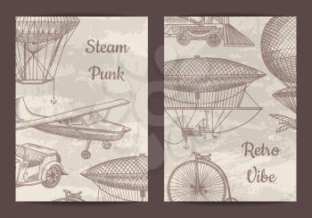 Vector card, flyer or brochure template for steampunk theme party or shop with hand drawn dirigibles, air baloons and vintage cars illustration