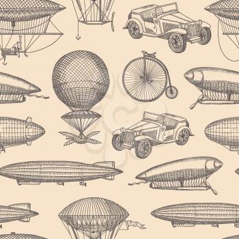 Vector background pattern with steampunk hand drawn airships, bicycles and cars illustration