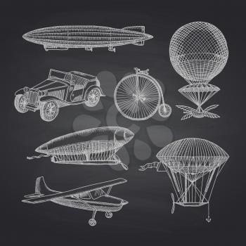 Vector set of steampunk hand drawn dirigibles, bicycles and cars on black chalkboard illustration