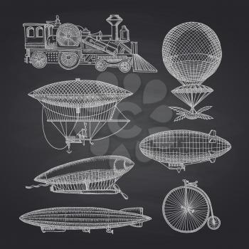 Vector set of steampunk hand drawn dirigibles, bicycles and cars on black chalkboard illustration