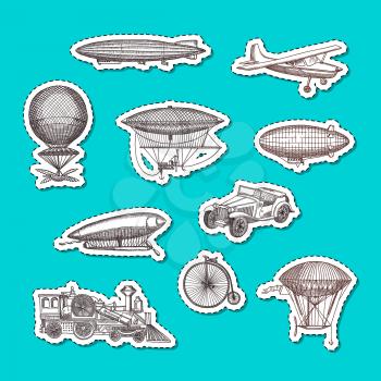 Vector stickers set with steampunk hand drawn dirigibles, bicycles and cars illustration
